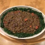 We brought this beautiful Lentil and Spinach dish to Karen’s pot luck dinner last night!